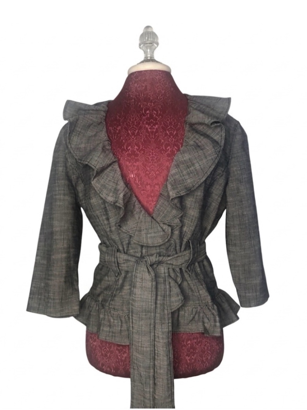Elena Solano Women’s Belted Ruffle 3/4 sleeve Jacket Gray Size Large
